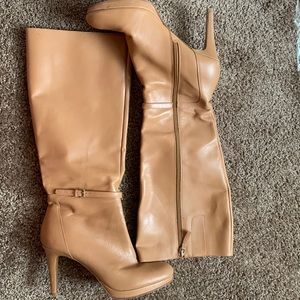 Nine West leather, camel colored knee high boots with 3 inch heel.
